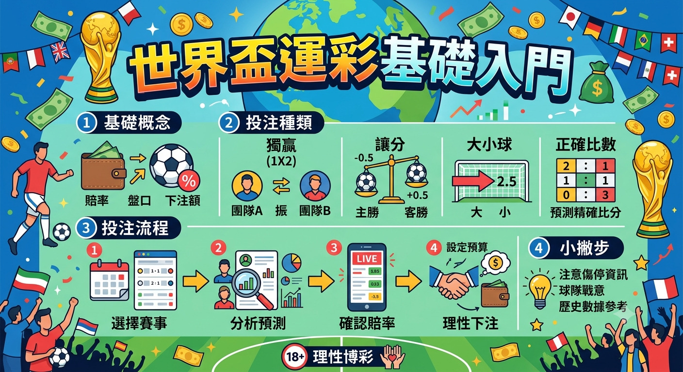 這是一張關於「世界盃運彩基礎入門」的教學資訊圖表,以鮮豔的色彩與插圖呈現足球博彩的核心概念。 內容涵蓋了投注種類、操作流程及理性博彩建議,幫助初學者快速理解世界盃賽事投注的基礎知識。