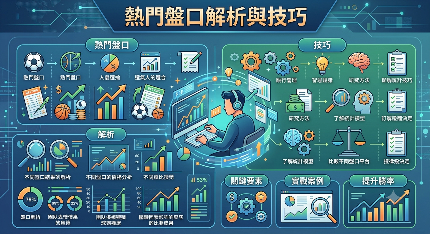 這是一張關於「熱門盤口解析與技巧」的專業資訊圖表,以數據分析師為核心,整合了盤口趨勢、統計模型及勝率提升的關鍵策略。 整體設計採用科技藍色調,透過直觀的圖示與流程圖,清晰呈現了博弈分析的邏輯架構與實戰應用方法。