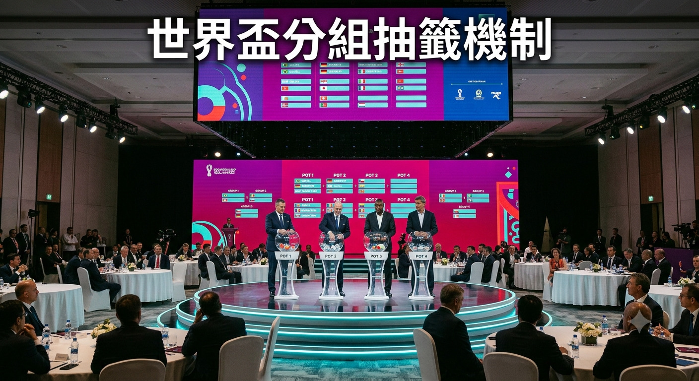 這是一張世界盃分組抽籤儀式的現場照片，台上四位官員正從透明圓球中抽出球隊。 背景的大螢幕顯示著分組抽籤機制與各隊伍資訊，上方標題為「世界盃分組抽籤機制」。