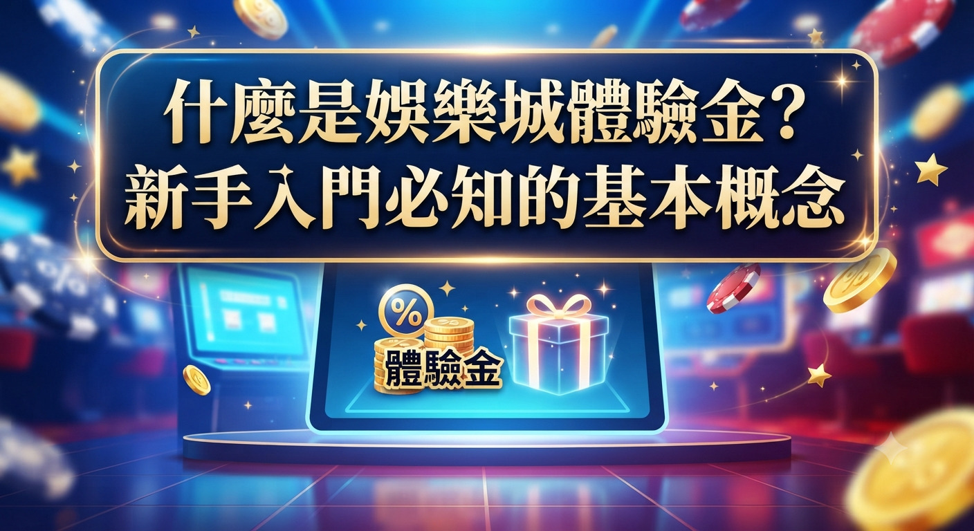 這是一張以「什麼是娛樂城體驗金?新手入門必知的基本概念」為主題的精美宣傳圖,畫面上方醒目地展示了完整的標題文字。 背景結合了賭場與金幣元素,並帶有「體驗金」字樣與禮物圖示,整體設計色彩豐富且充滿科技感。