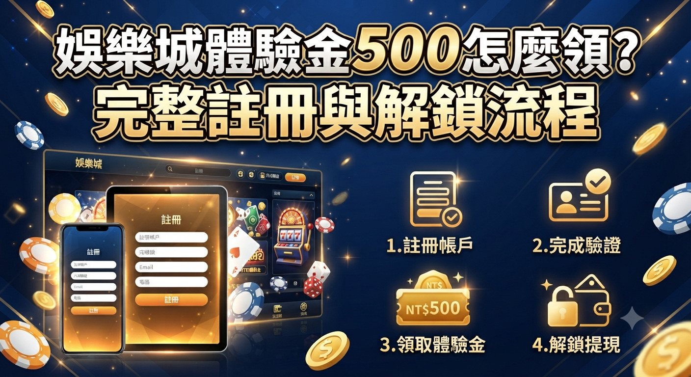 這張圖片展示了關於「娛樂城體驗金500怎麼領」的註冊與解鎖流程指引。 畫面融合了金幣、籌碼等娛樂城元素,並以清晰的圖示列出四個步驟:註冊帳戶、完成驗證、領取體驗金以及解鎖提現。